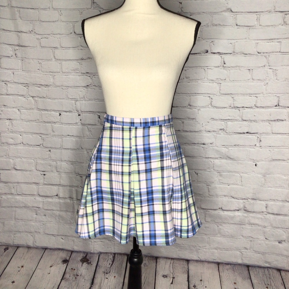 SO Blue Pink Plaid High Rise Pleated Mini Skirt 13 NWT